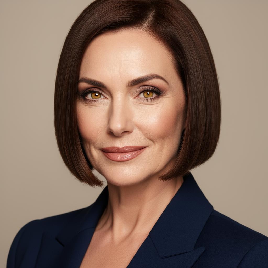 An AI image portrait of a brunette haired woman with short straight hair and hazel eyes, smiling at the camera