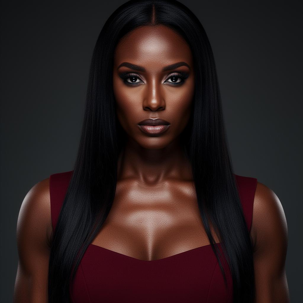 An AI image portrait of a black haired woman with long straight hair and dark eyes, with an intense gaze
