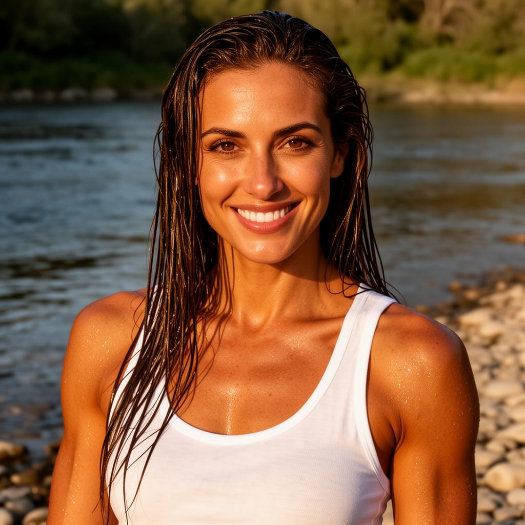 An AI image portrait of a brunette haired woman with long hair and brown eyes, smiling at the camera