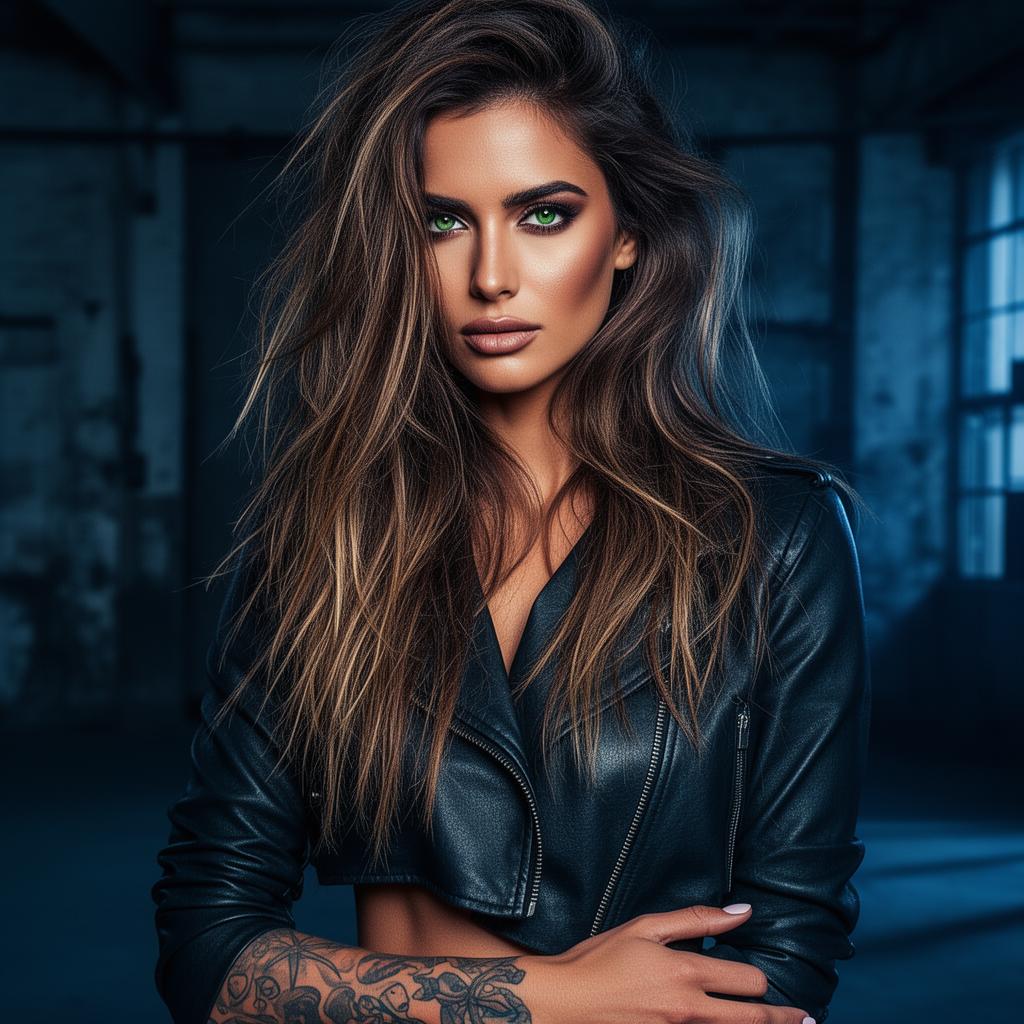 An AI image portrait of a brunette haired woman with long hair, green eyes and tattoos, with an intense gaze