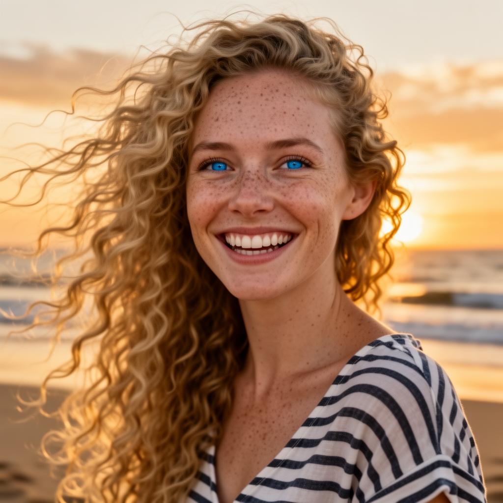 An AI image portrait of a blonde haired woman with long curly hair, blue eyes and freckles, smiling at the camera
