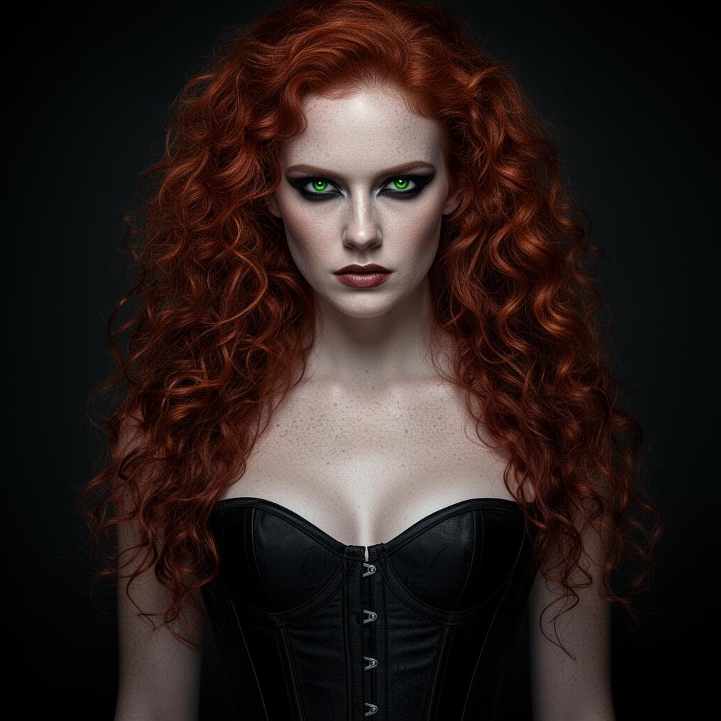 An AI image portrait of a redhead haired woman with long curly hair, green eyes and freckles, with an intense gaze