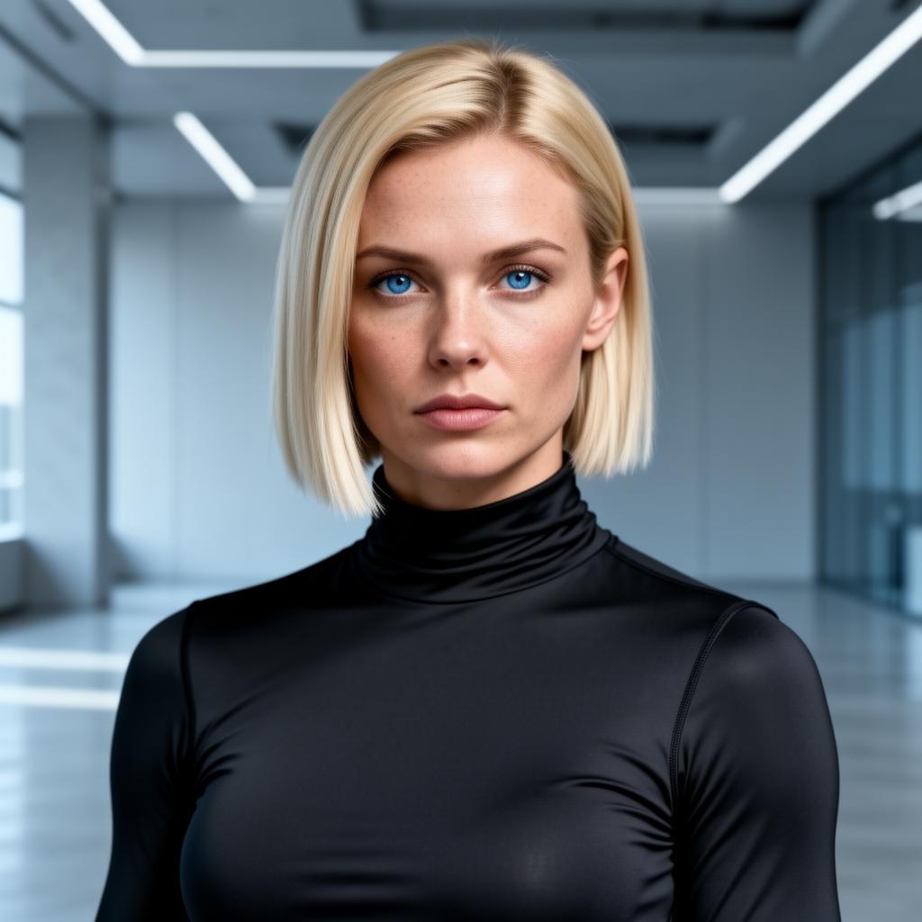 An AI image portrait of a blonde haired woman with short straight hair, blue eyes and freckles, with an intense gaze