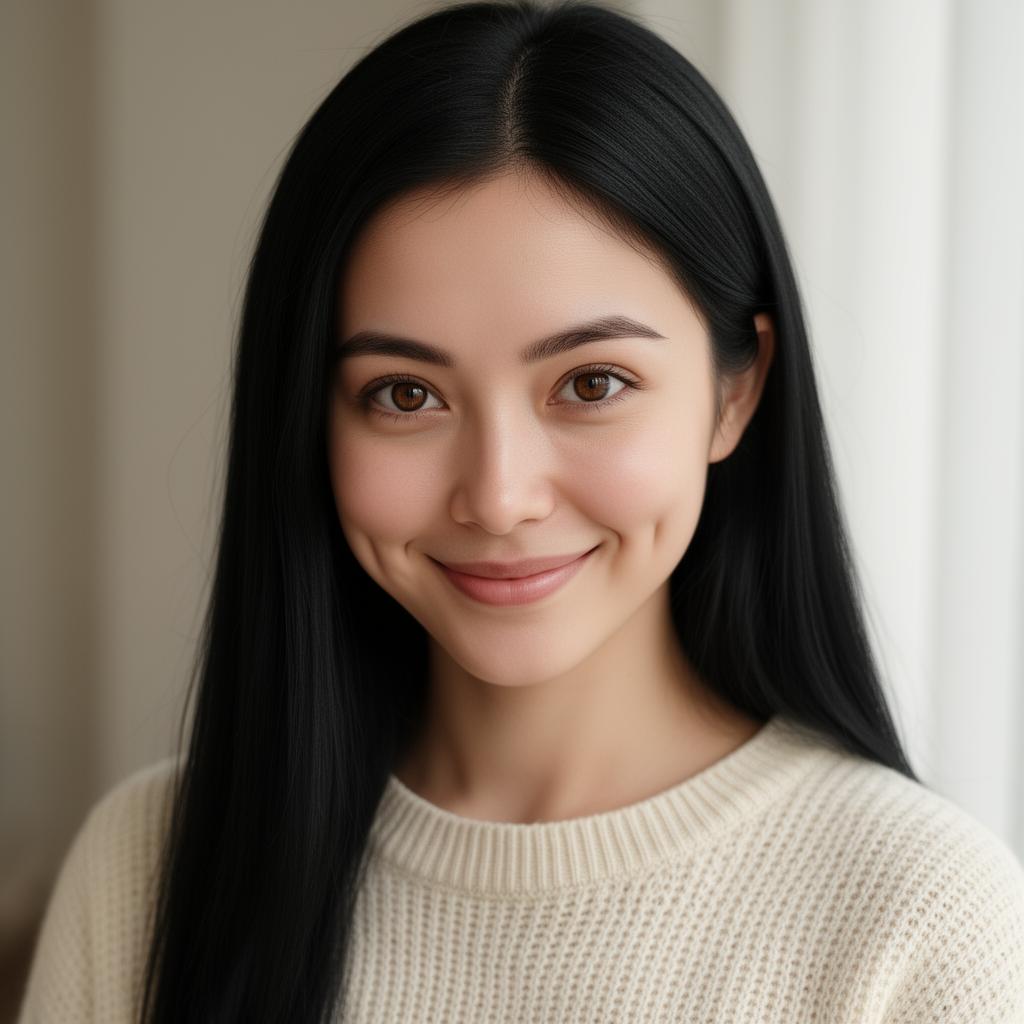 An AI image portrait of a black haired woman with long straight hair, brown eyes and dimples, smiling at the camera