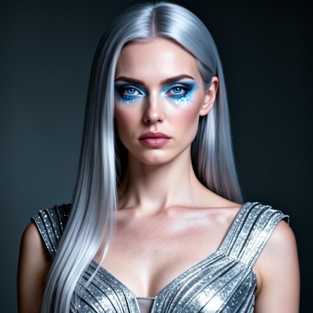 An AI image portrait of a silver or grey haired woman with long straight hair and blue eyes, with an intense gaze