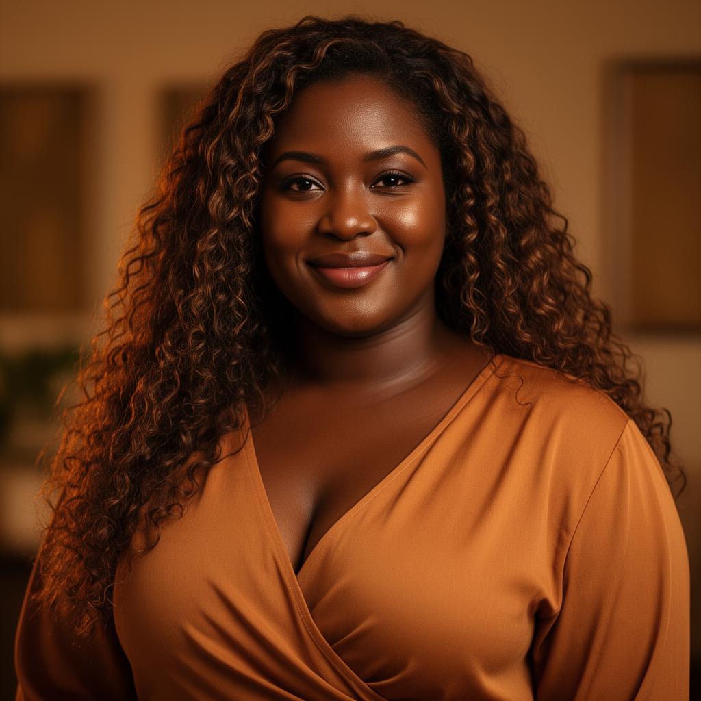 An AI image portrait of a brunette haired woman with long curly hair and dark eyes, smiling at the camera
