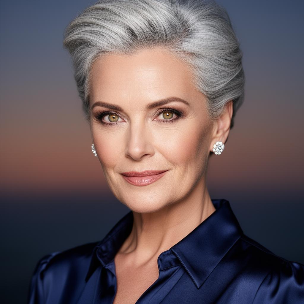 An AI image portrait of a silver or grey haired woman with short hair and hazel eyes, smiling at the camera