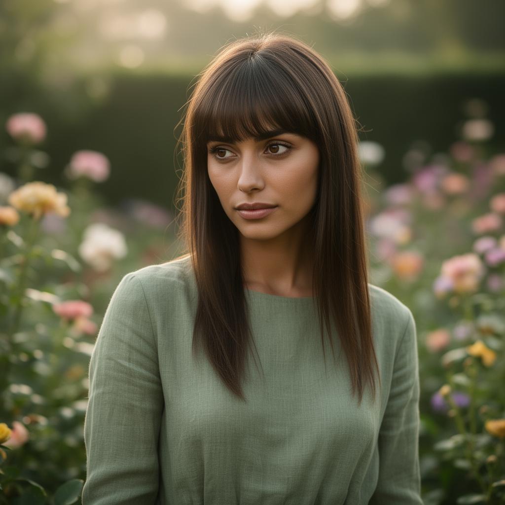 An AI image portrait of a brunette haired woman with long straight hair and brown eyes, with a serious expression