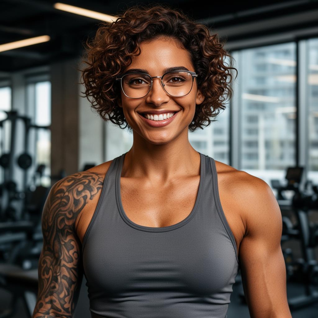 An AI image portrait of a brunette haired woman with short curly hair, brown eyes, glasses and tattoos, smiling at the camera