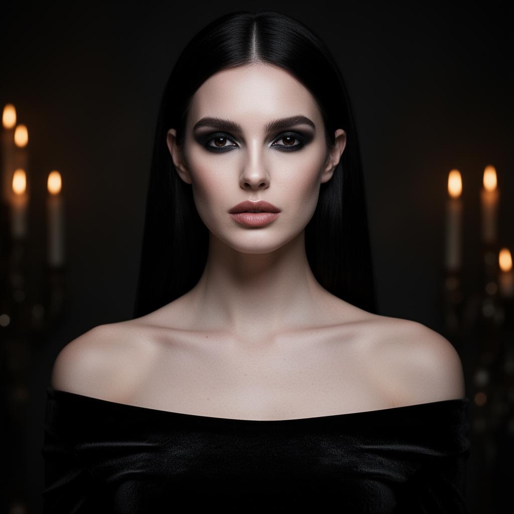 An AI image portrait of a black haired woman with long straight hair and dark eyes, with an intense gaze