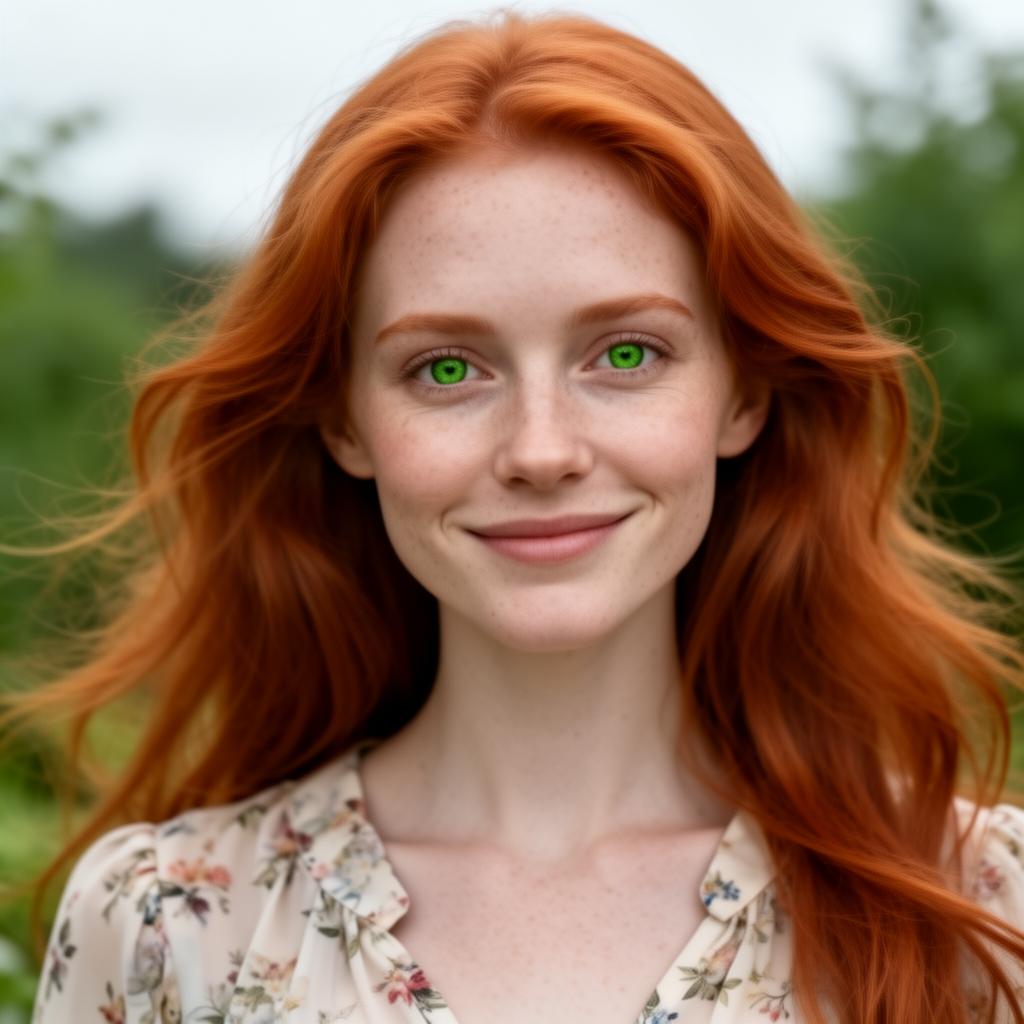 An AI image portrait of a redhead haired woman with long hair, green eyes and freckles, smiling at the camera