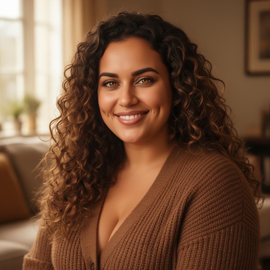 An AI image portrait of a brunette haired woman with long curly hair, hazel eyes and dimples, smiling at the camera