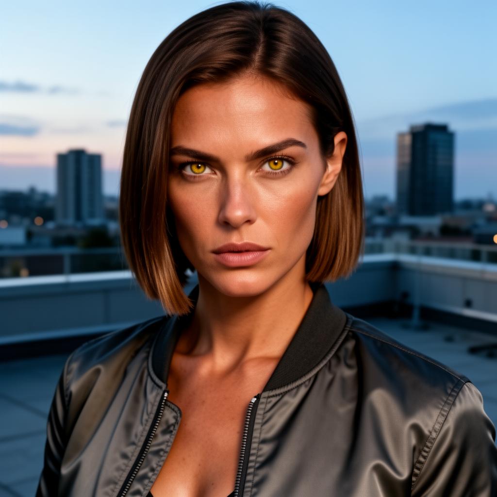 An AI image portrait of a brunette haired woman with short straight hair and dark eyes, with an intense gaze