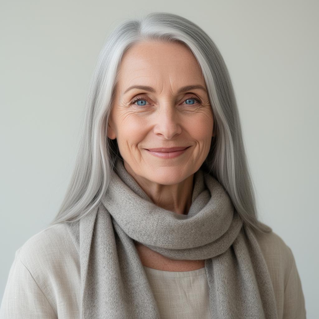 An AI image portrait of a silver or grey haired woman with long straight hair and blue eyes, smiling at the camera