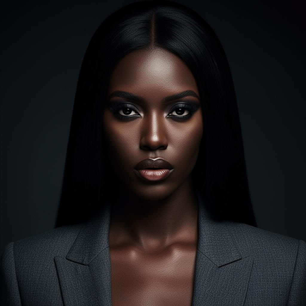 An AI image portrait of a black haired woman with long straight hair and dark eyes, with an intense gaze