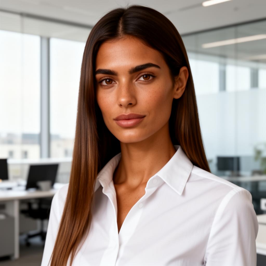 An AI image portrait of a brunette haired woman with long straight hair, brown eyes and freckles, with a serious expression