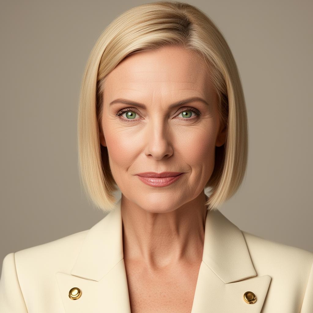 An AI image portrait of a blonde haired woman with short straight hair and green eyes, looking relaxed
