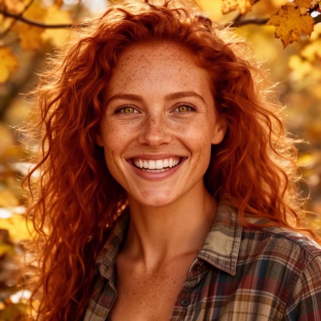 An AI image portrait of a redhead haired woman with long curly hair, green eyes and freckles, smiling at the camera