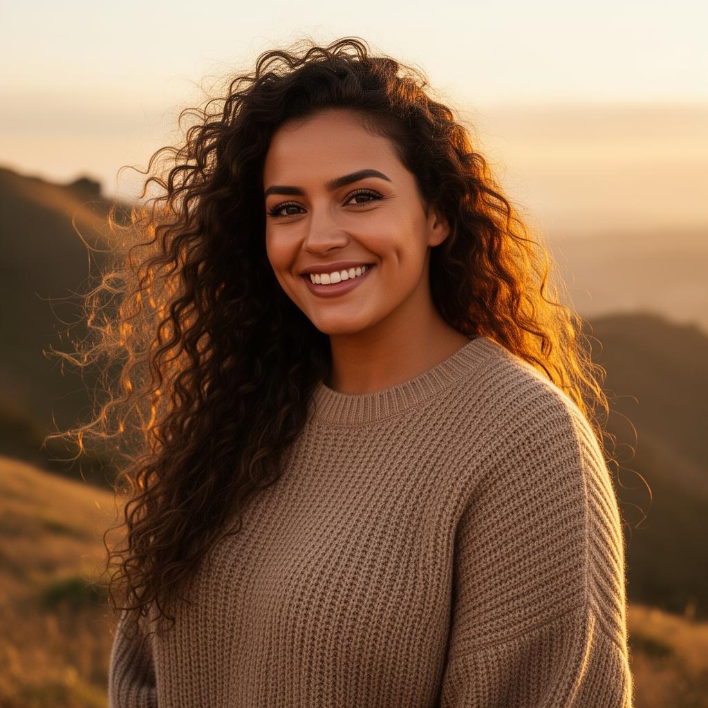 An AI image portrait of a brunette haired woman with long curly hair, dark eyes and dimples, smiling at the camera