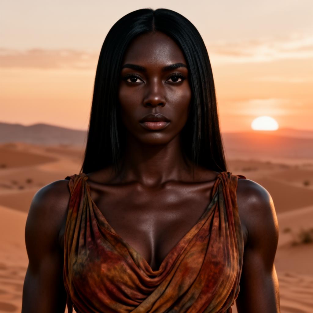 An AI image portrait of a black haired woman with long straight hair and dark eyes, with an intense gaze