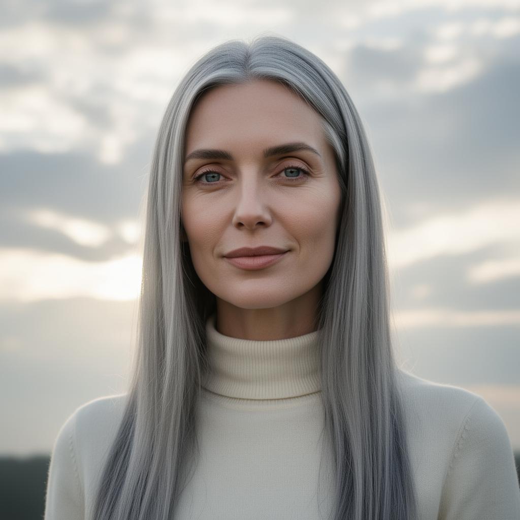 An AI image portrait of a silver or grey haired woman with long straight hair and blue eyes, looking relaxed