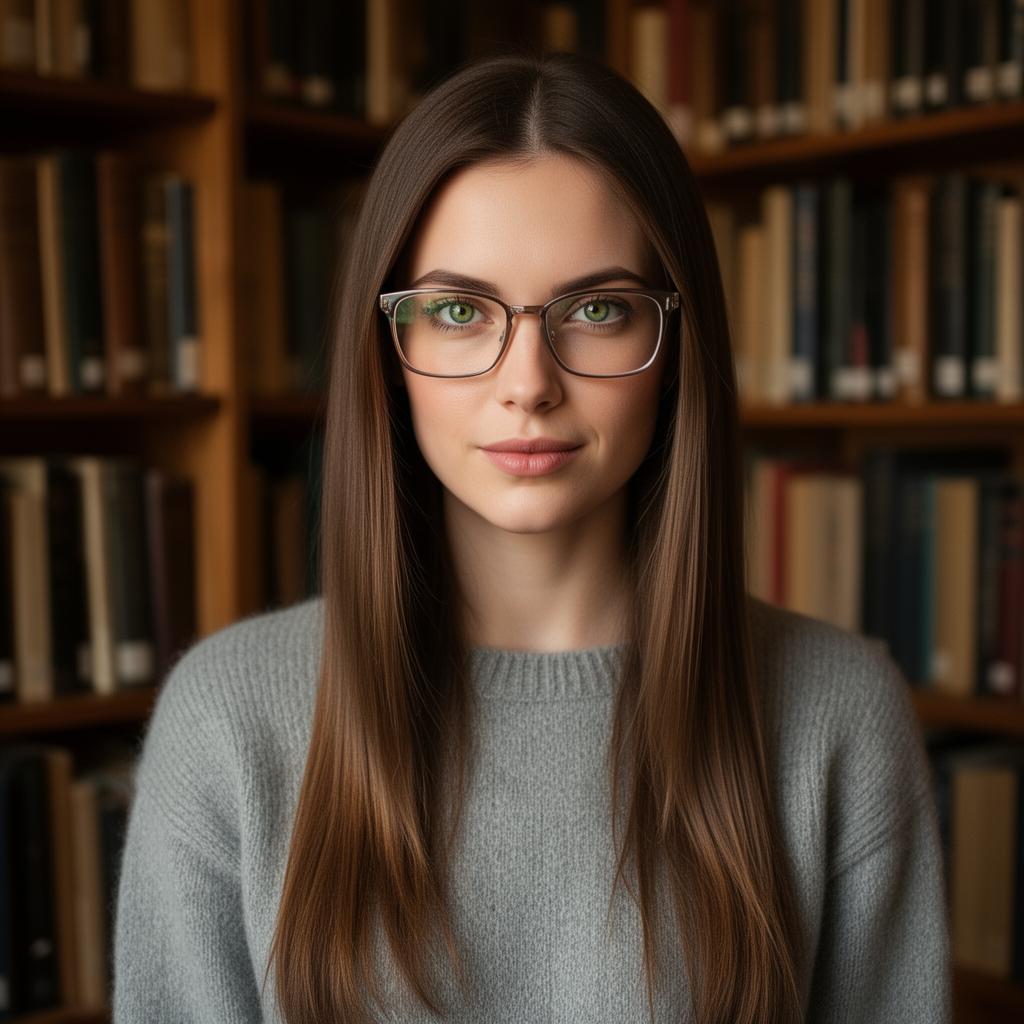 An AI image portrait of a brunette haired woman with long straight hair, green eyes and glasses, looking relaxed