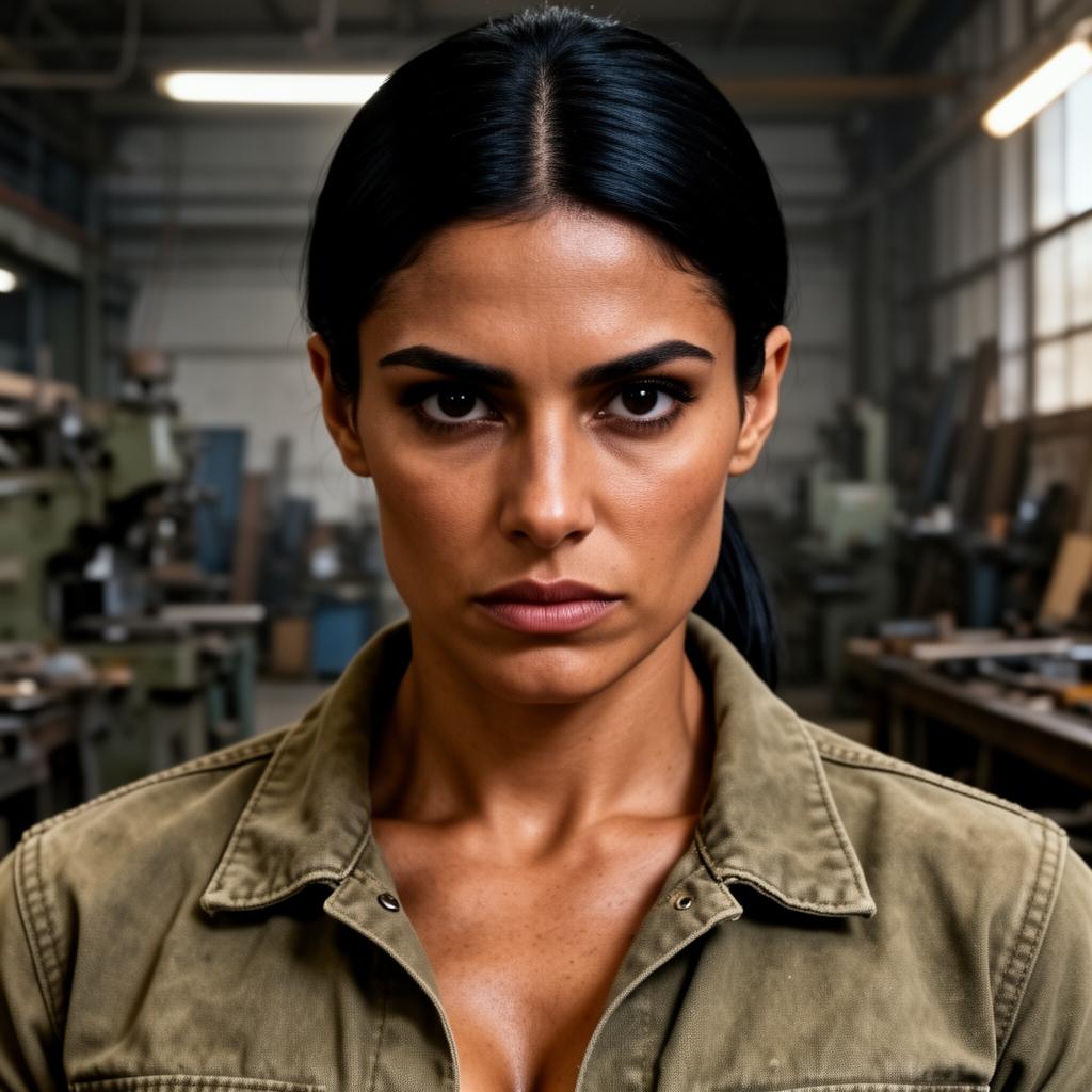 An AI image portrait of a black haired woman with long hair, dark eyes and freckles, with an intense gaze