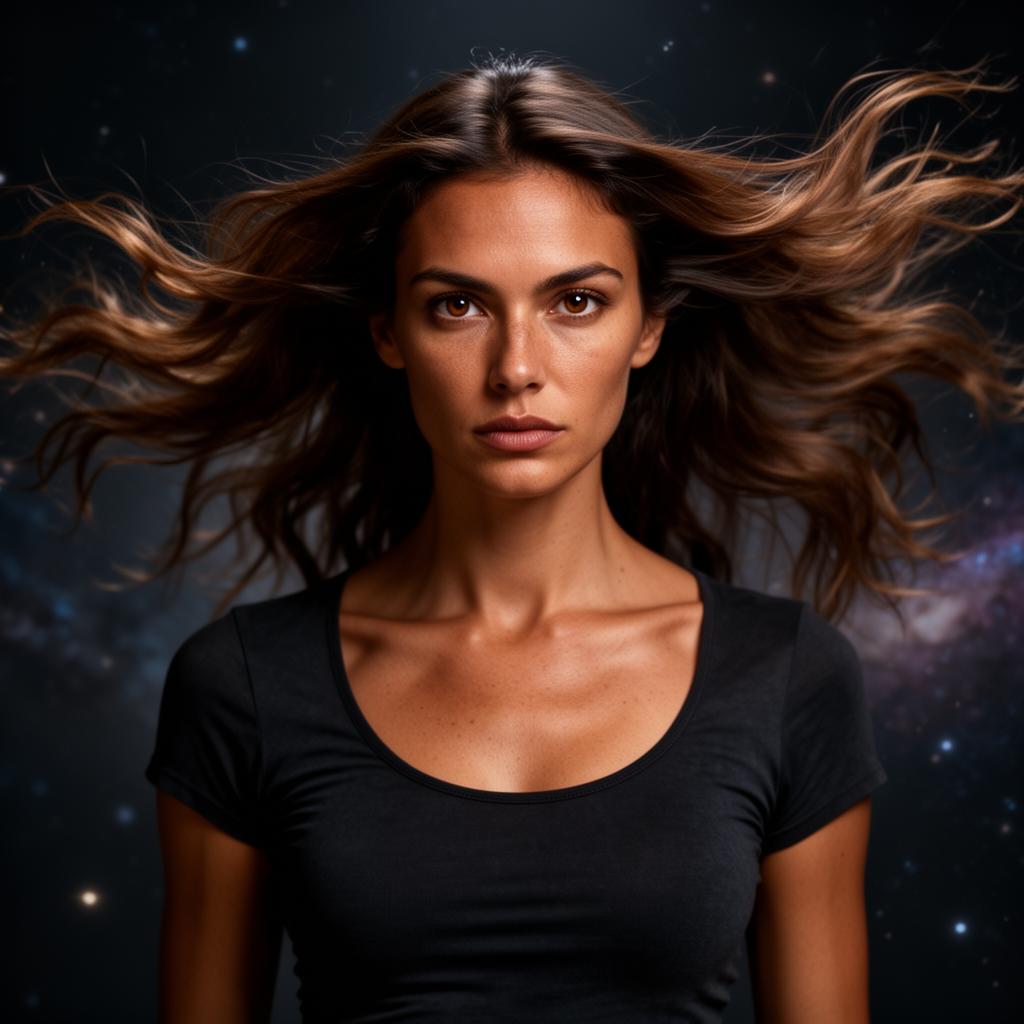 An AI image portrait of a brunette haired woman with long curly hair, brown eyes and freckles, with an intense gaze