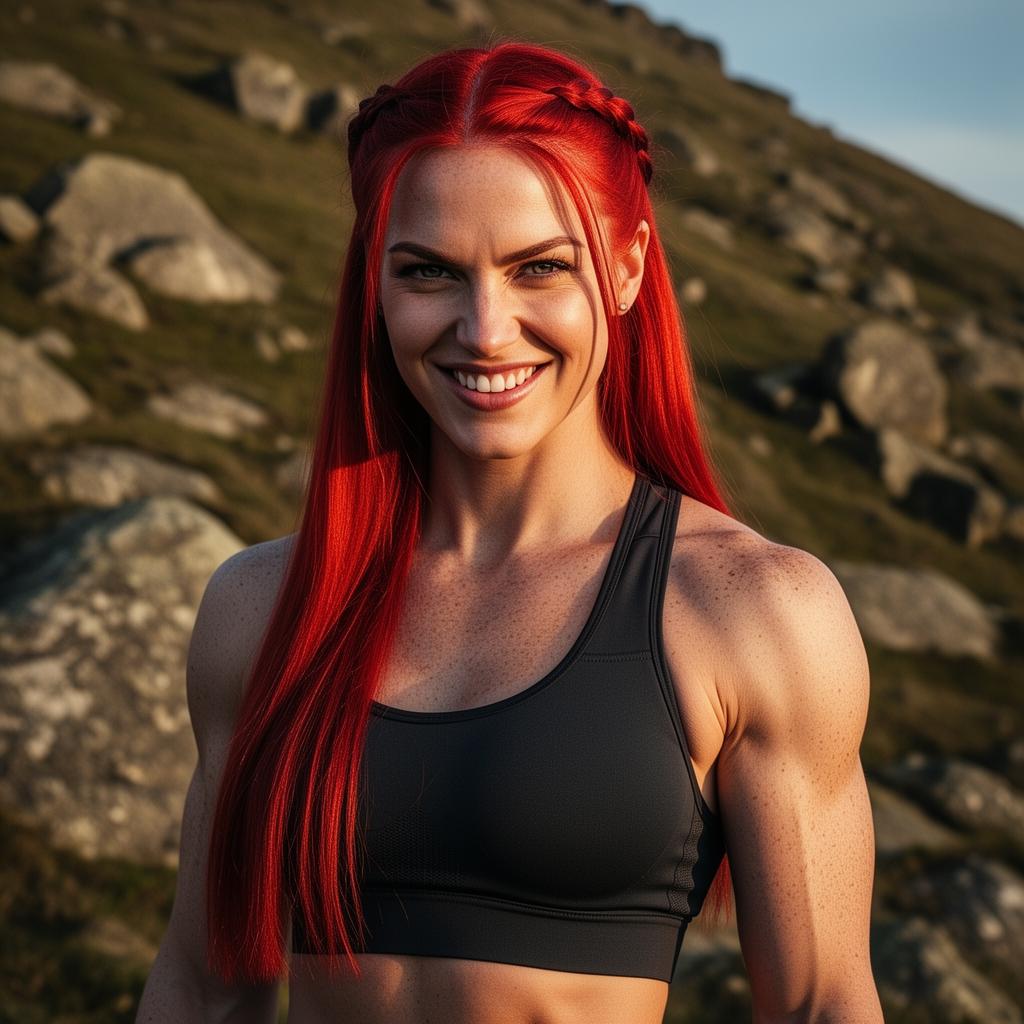 An AI image portrait of a redhead haired woman with long straight hair, blue eyes and freckles, smiling at the camera