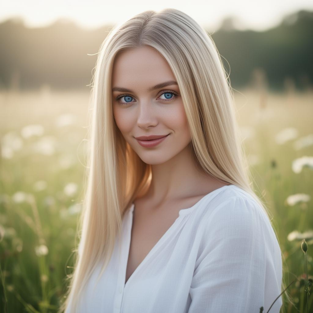 An AI image portrait of a blonde haired woman with long straight hair and blue eyes, smiling at the camera