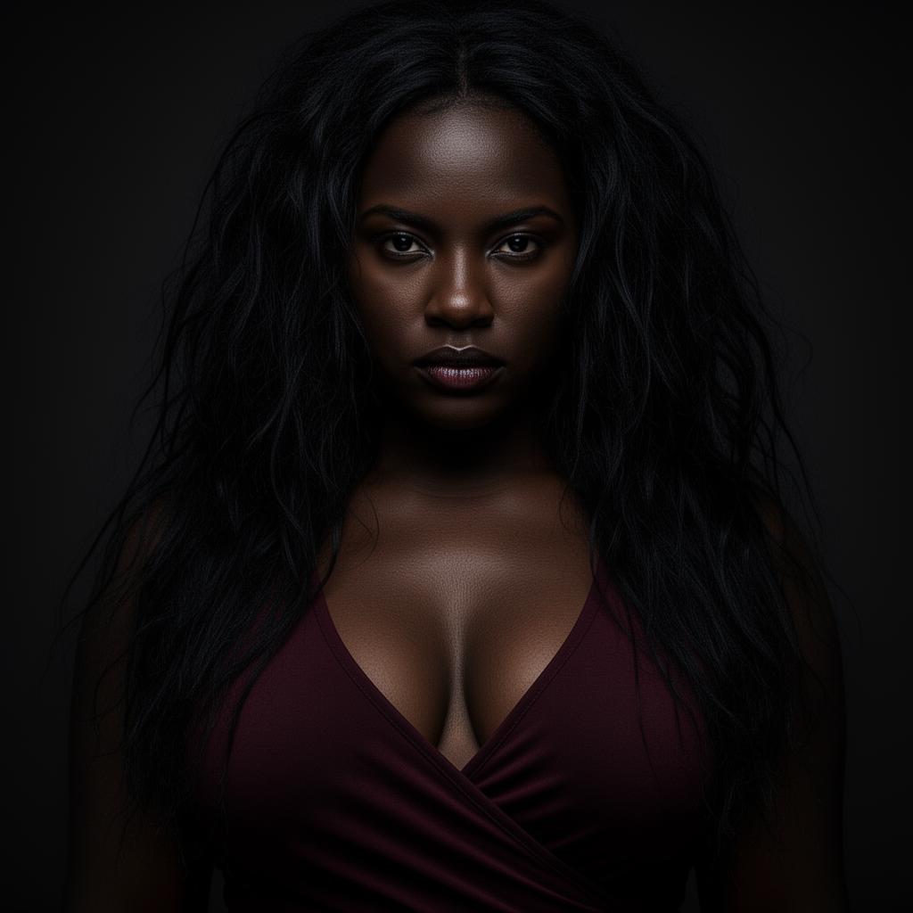 An AI image portrait of a black haired woman with long curly hair and dark eyes, with an intense gaze