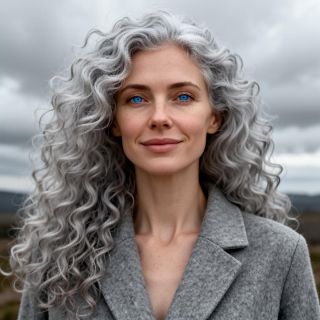 An AI image portrait of a silver or grey haired woman with long curly hair, blue eyes and freckles, smiling at the camera