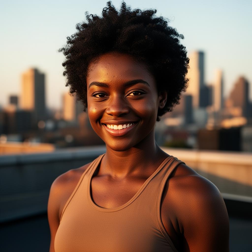 An AI image portrait of a black hair woman with short hair curly hair and brown eyes, smiling at the camera