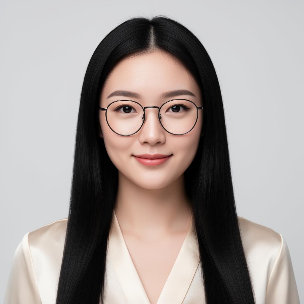An AI image portrait of a black hair woman with long hair straight hair, brown eyes and glasses, smiling at the camera