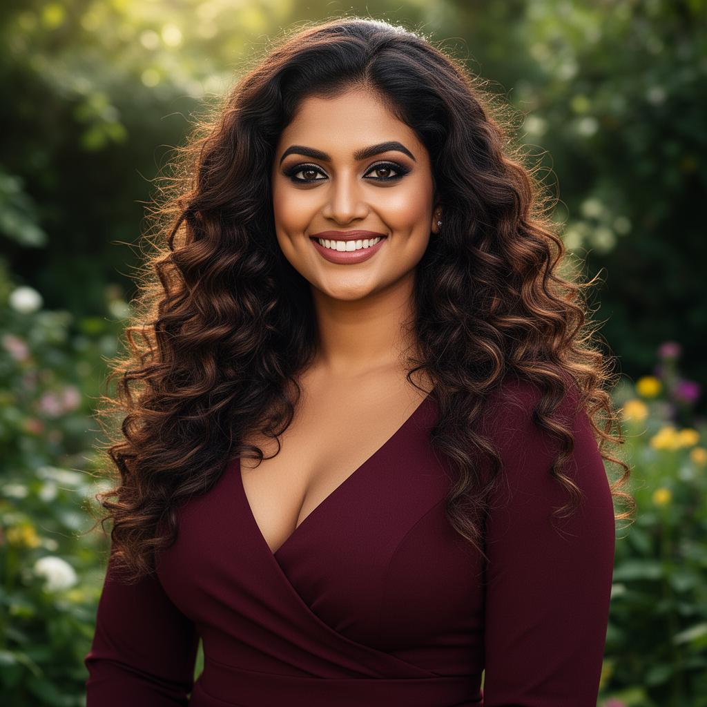 An AI image portrait of a brunette woman with long hair curly hair and dark eyes, smiling at the camera