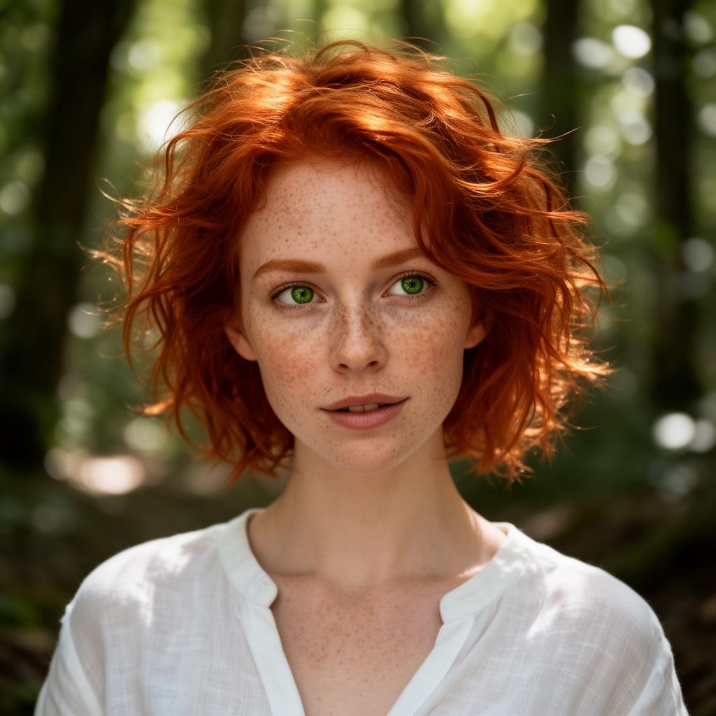 An AI image portrait of a redhead woman with short hair curly hair, green eyes and freckles, with a shy expression
