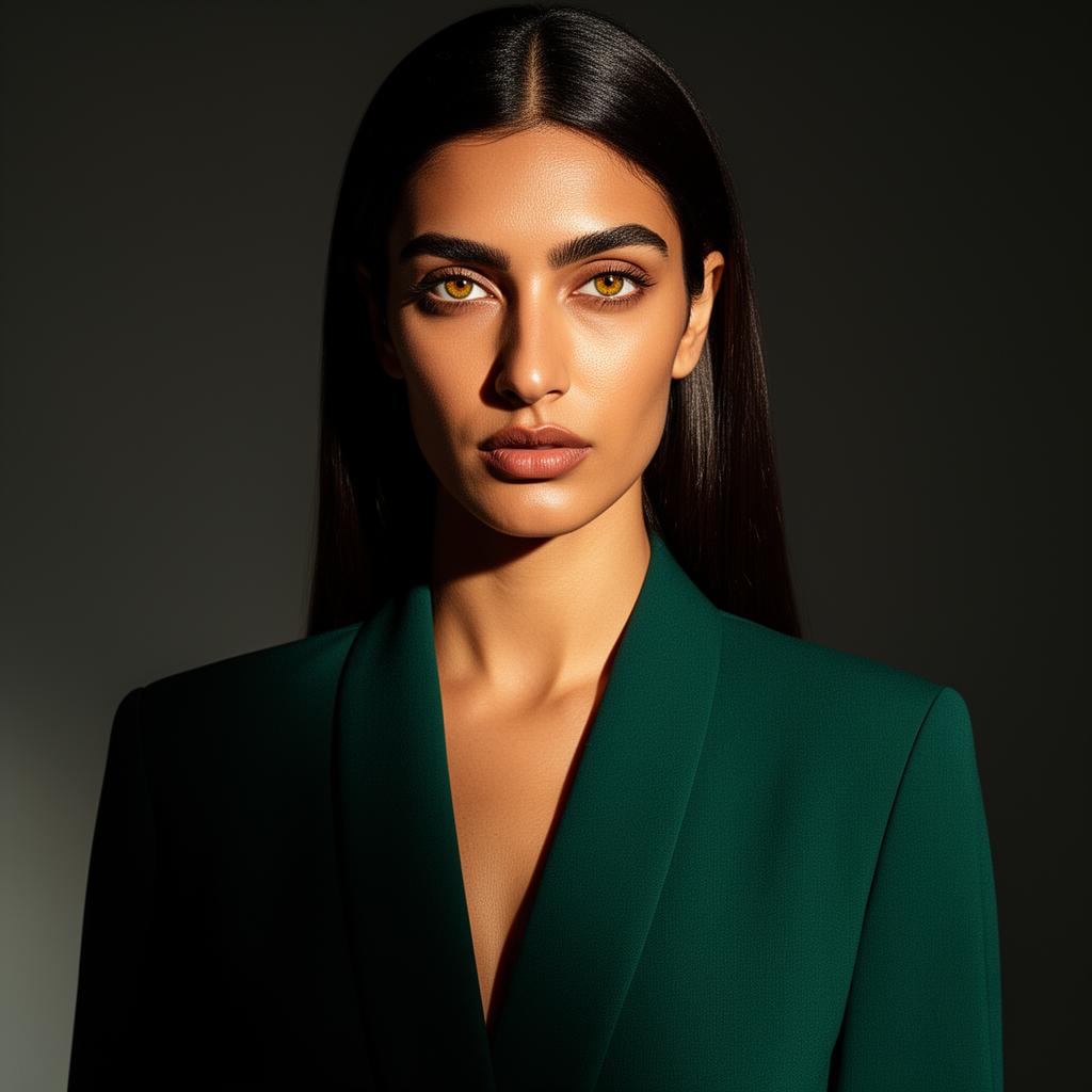 An AI image portrait of a black hair woman with long hair straight hair and hazel eyes, with a serious expression