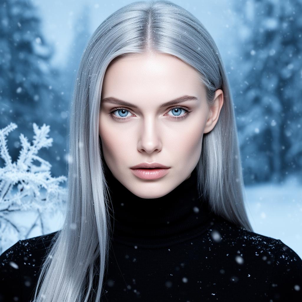 An AI image portrait of a silver or grey woman with long hair straight hair and blue eyes, with a serious expression