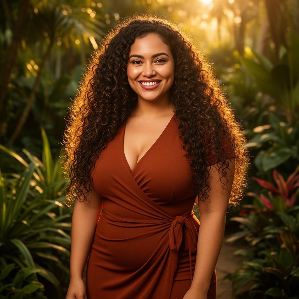 An AI image portrait of a brunette woman with long hair curly hair and brown eyes, smiling at the camera