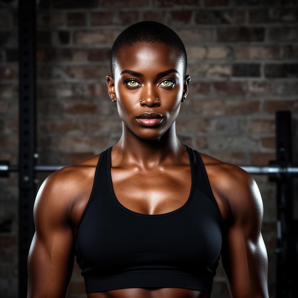 An AI image portrait of a black hair woman with short hair hair, green eyes and piercings, with a serious expression