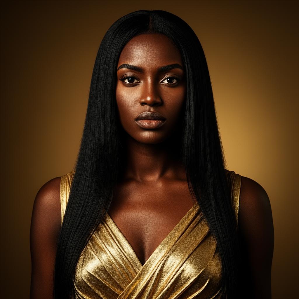 An AI image portrait of a black hair woman with long hair straight hair and dark eyes, with a serious expression