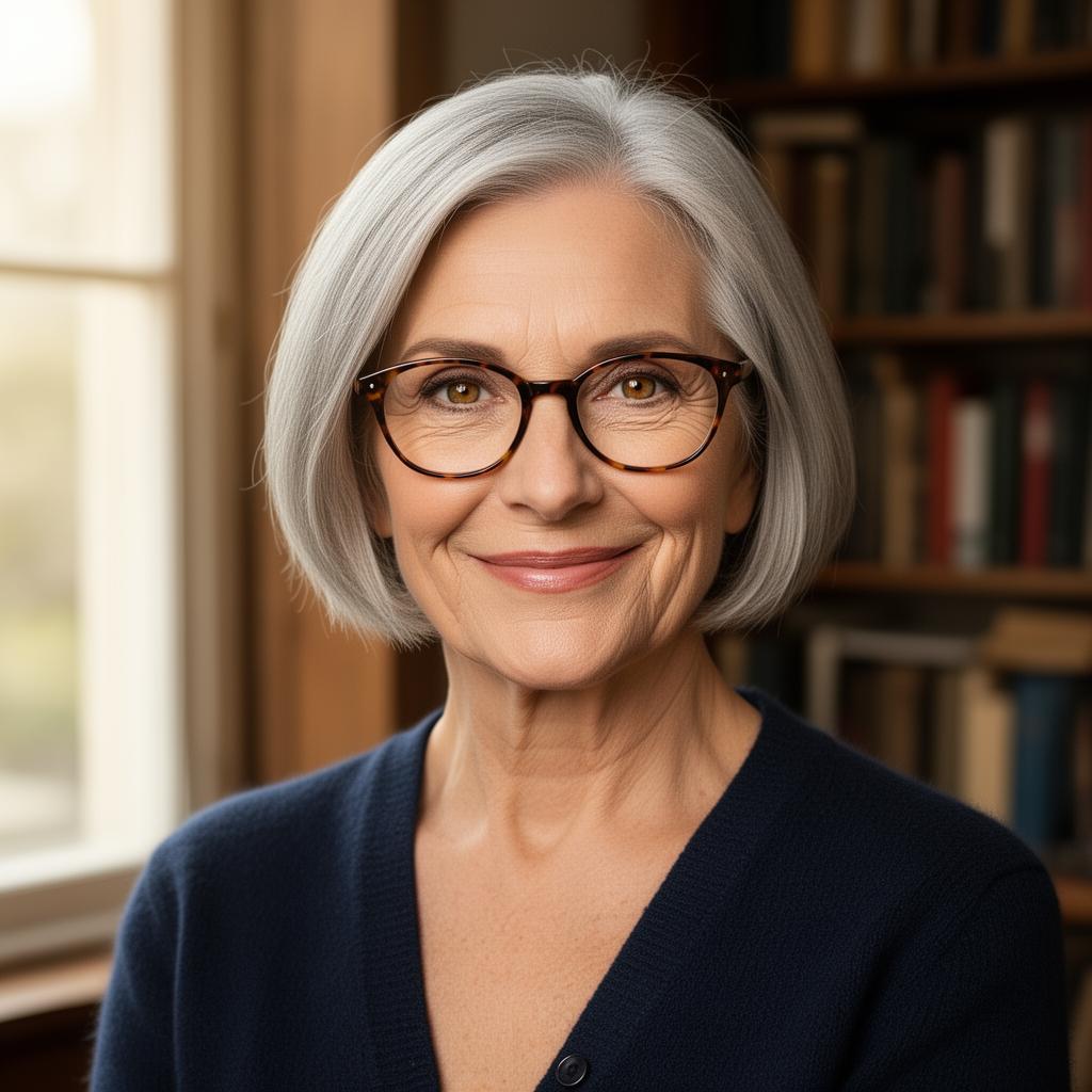 An AI image portrait of a silver or grey woman with short hair hair, hazel eyes and glasses, smiling at the camera