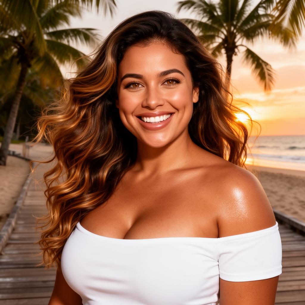 An AI image portrait of a brunette woman with long hair curly hair and brown eyes, smiling at the camera