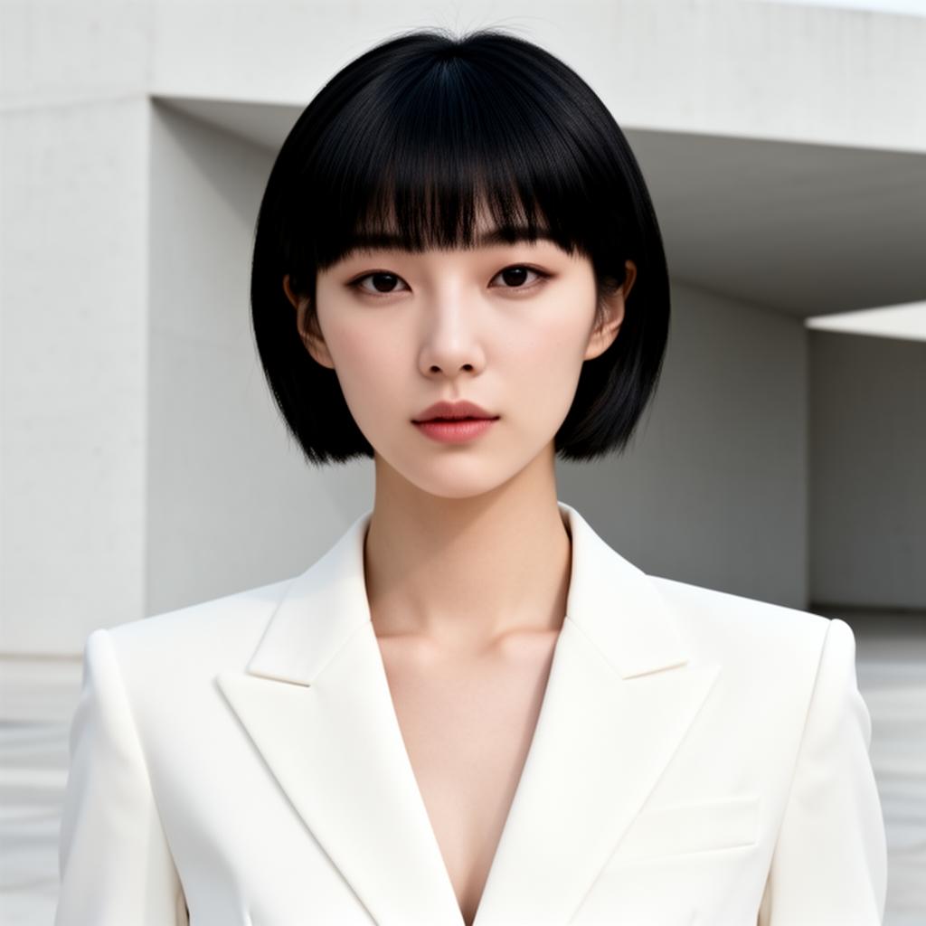 An AI image portrait of a black hair woman with short hair straight hair and dark eyes, with a serious expression