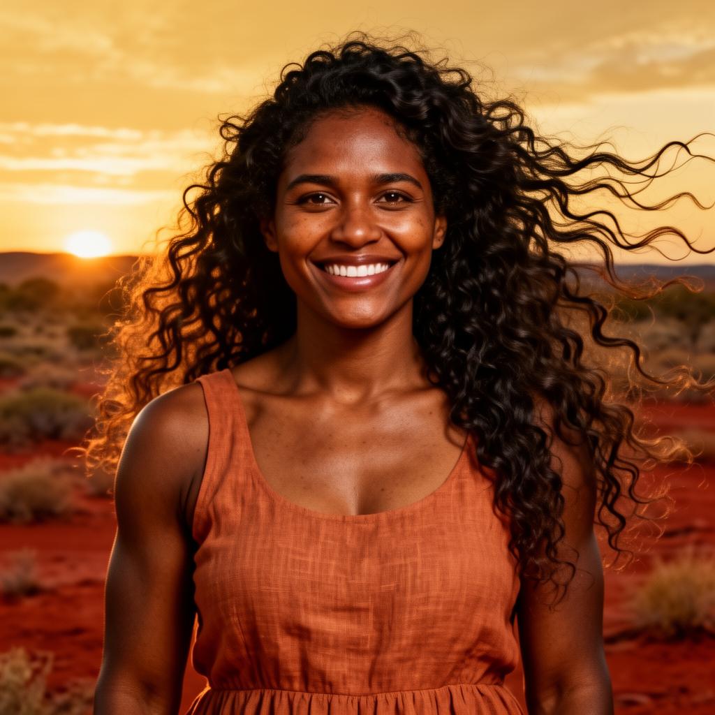An AI image portrait of a black hair woman with long hair curly hair and brown eyes, smiling at the camera