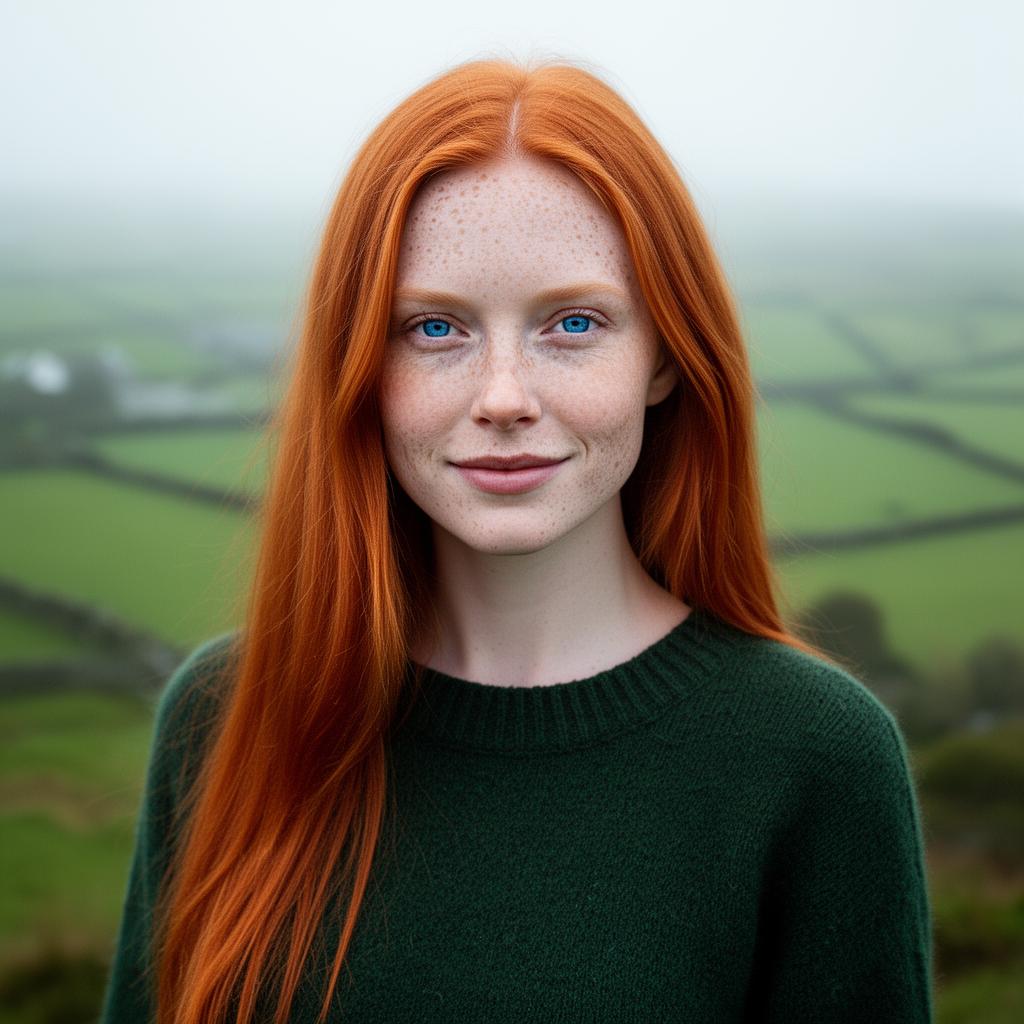 An AI image portrait of a redhead woman with long hair straight hair, blue eyes and freckles, smiling at the camera