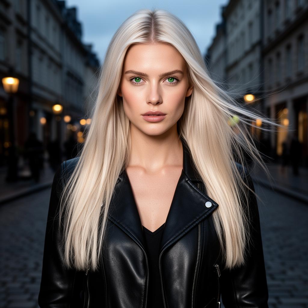 An AI image portrait of a blonde woman with long hair straight hair and green eyes, with a serious expression