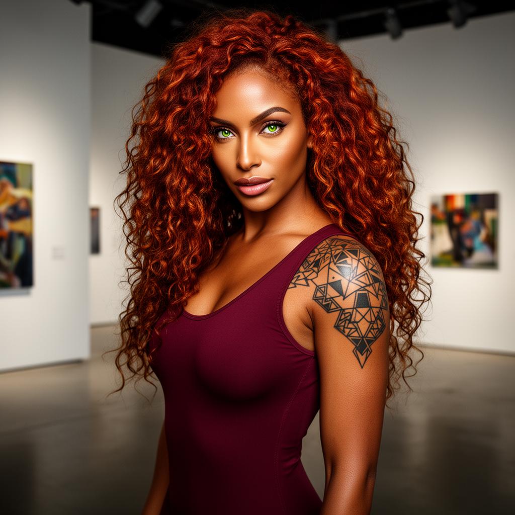 An AI image portrait of a redhead woman with long hair curly hair, green eyes and tattoos, looking confident