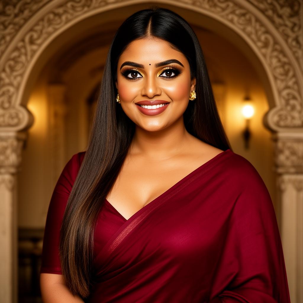 An AI image portrait of a black hair woman with long hair straight hair and dark eyes, smiling at the camera