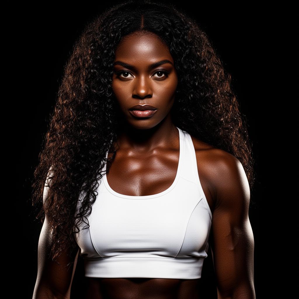 An AI image portrait of a black hair woman with long hair curly hair and dark eyes, with a serious expression